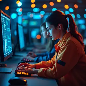 Man and a woman working on data base management looking at their computer screens wearing an orange jump suit