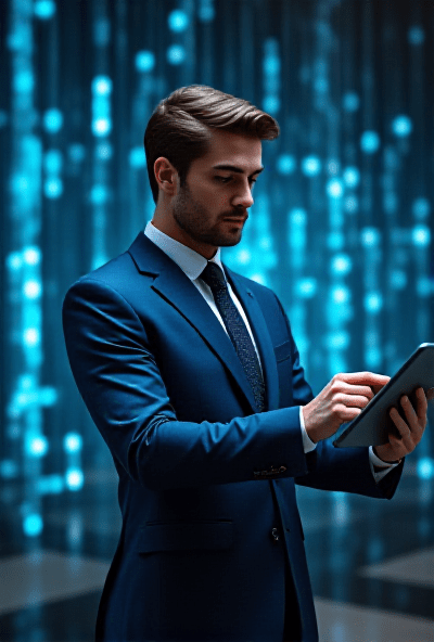 Man working in cybersecurity wearing a suit.