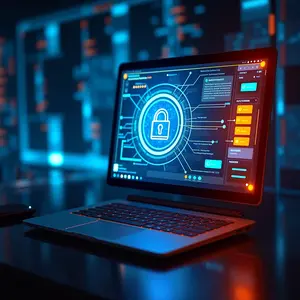 Mobile Device Management with blue and orange glowing padlock glowing around a laptop.