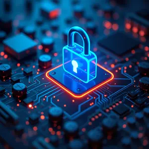 Network Security with blue and orange glowing cybersecurity symbolism circuits and a digital glowing blue padlock.