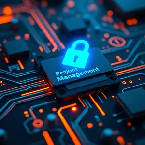 Project Management with blue and orange glowing cyber security symbolism on computer circuits.