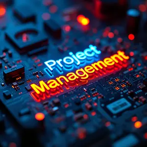 Project Management with blue and orange symbolism on computer motherboard.