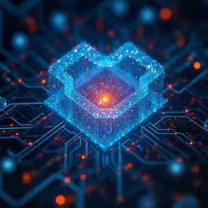 Quantum Computing Solutions with blue and orange lights glowing symbolism of a quantum chip.