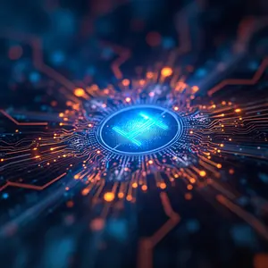Quantum Computing Solutions with blue and orange lights glowing symbolism.