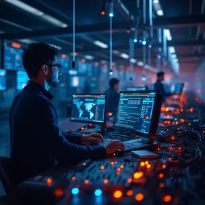 SD-WAN & Network Optimization with Cybersecurity symbolism with blue and orange lights with a man working on his computer.