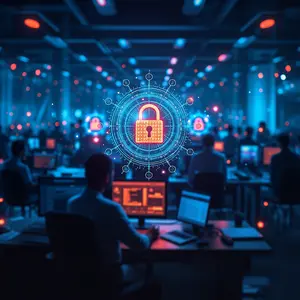SD-WAN & Network Optimization with Cybersecurity symbolism with blue and orange lights with a man working on his pc and a security padlock being displayed in the air.