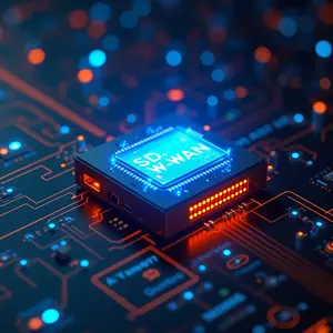 SD-WAN with blue and orange glowing symbolism glowing around a wireless NIC chip.