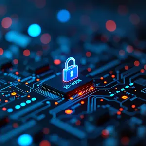 SD-WAN with blue and orange glowing symbolism glowing around a wireless padlock NIC chip.