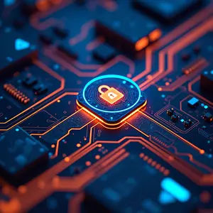 Secure Reliable Wireless Networking with blue and orange glowing cyber security symbolism glowing around a wireless NIC chip
