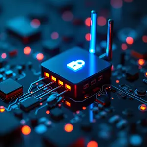 Secure Reliable Wireless Networking with blue and orange glowing cyber security symbolism glowing around a wireless router