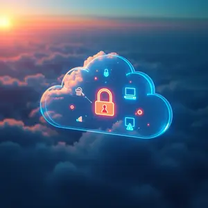 Software as a Service -SaaS- with blue and orange glowing symbolism in the clouds.