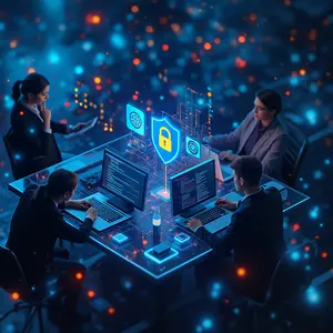 VoIP & Unified Communications with high tech security symbolism with people working on computers and phones.