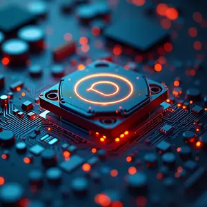 Vulnerability Assessment with blue and orange glowing cybersecurity symbolism circuits and a padlock on a chip all glowing orange.