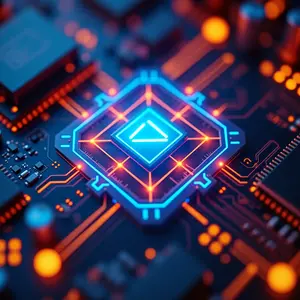 Vulnerability Assessment with blue and orange glowing cybersecurity symbolism on circuits.