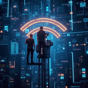 Wireless Networks and wired networks with with blue and orange lights with men measuring signal strength.