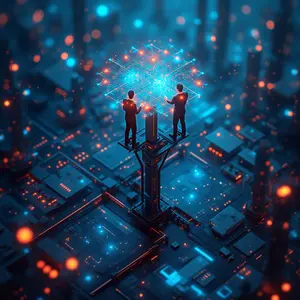 Wireless Networks and wired networks with with blue and orange lights with men of tech working on the networks.
