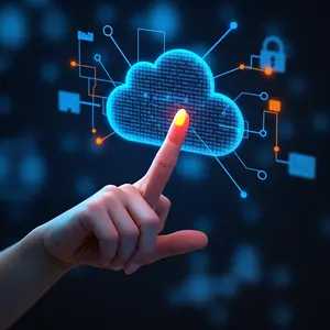 With a female hand extended on the cloud showing security for virtual desktop infrastructure support services pushing onto the padlocked virtual cloud.