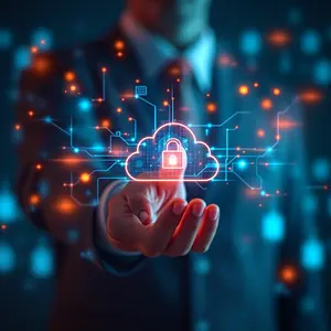 With a palm extended on the cloud showing security for virtual desktop infrastructure support services.