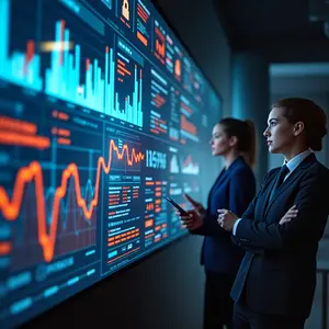 Women wearing suits, looking at large screens on the wall displaying Data Analytics & Business Intelligence information.
