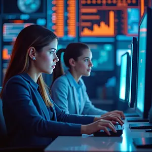 Women working at computers with Database Management with blue and orange glowing cyber security symbolism