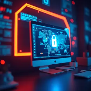 desktop management with glowing padlock in a secure area.
