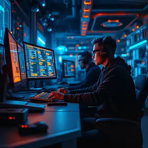 futuristic software development with blue and orange lights glowing with cyber programmers in a bunker.
