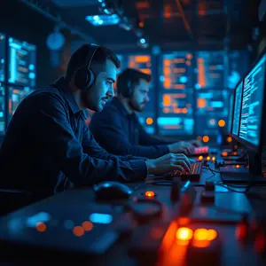 futuristic software development with blue and orange lights glowing with programmers with orange lighting on pannels.