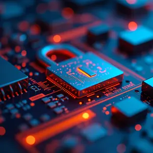 penetration testing with blue and orange glowing cybersecurity symbolism circuits with an orange glow eminating from a padlock made of circuits.
