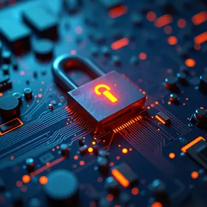 penetration testing with blue and orange glowing cybersecurity symbolism circuits with an orange glow emanating from a padlock