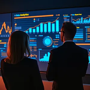 Two people looking at data analytics on a monitor.