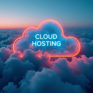 Cloud Hosting with blue and orange glowing symbolism in the clouds.